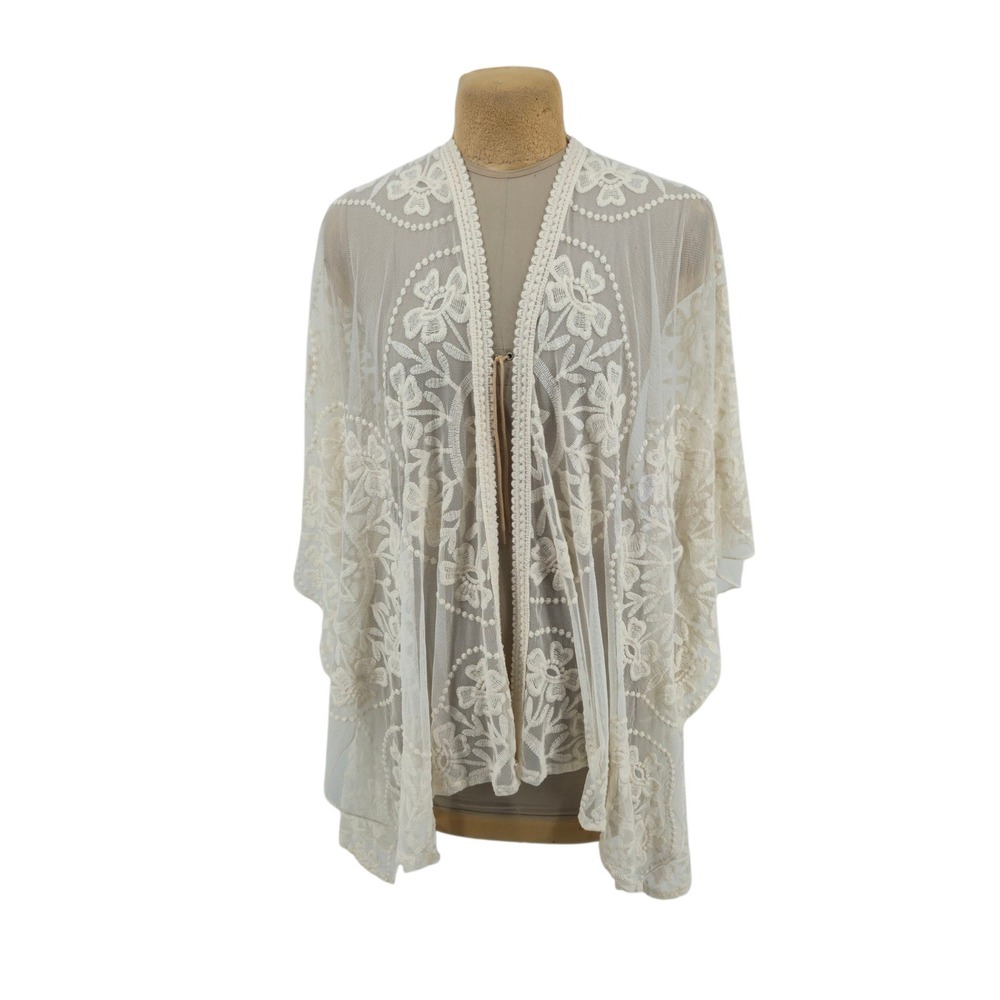 Origami by Vivien Kimono Wrap Women Large White Lace Floral Sheer Boho Festival